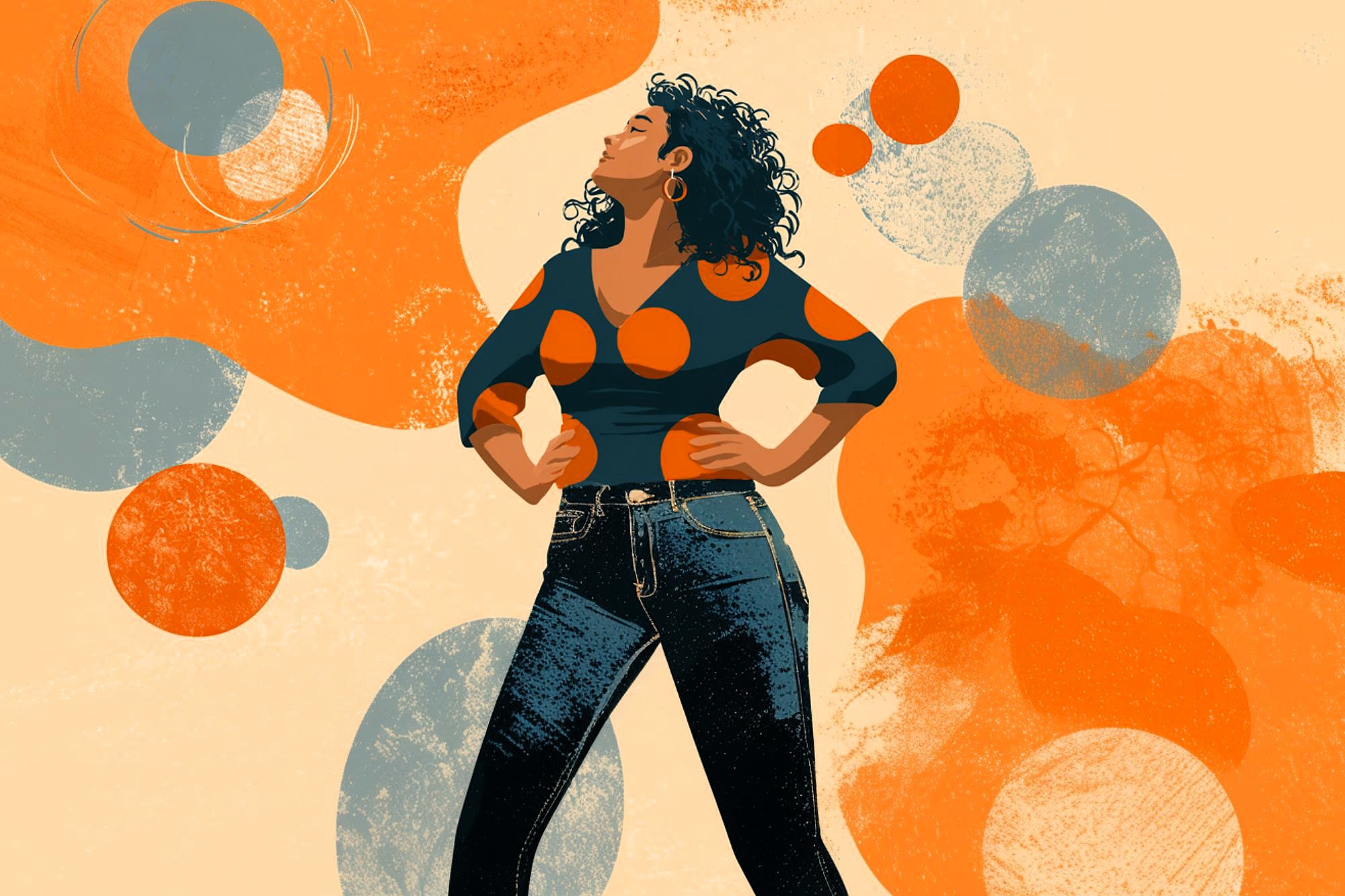 Illustration of a confident woman with curly hair, hands on hips, wearing a blue top with large orange polka dots and jeans, standing against an abstract background with orange and gray circular shapes.