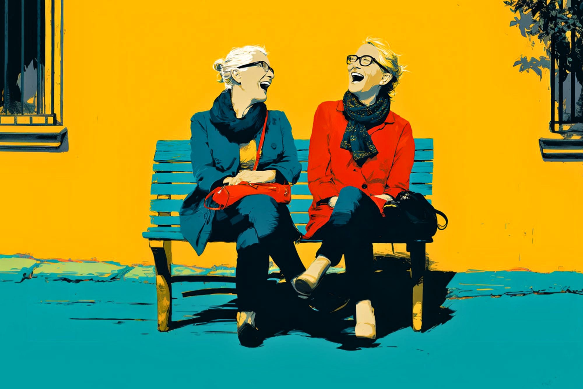 Two women sit on a blue bench against a bright yellow wall, laughing together. Both wear scarves and glasses; one is in a blue coat, the other in a red coat. Sunlight casts shadows, creating a cheerful outdoor scene.