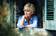A woman with short blonde hair leans on a windowsill, resting her chin on her hand and looking thoughtfully outside. She wears a light blue shirt and is framed by an open, weathered window with green shutters.