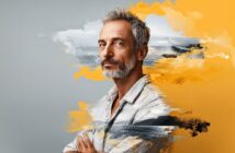 A middle-aged man with gray hair and beard stands with folded arms, wearing a light denim shirt. Artistic brushstrokes in yellow, black and white blend the background and foreground, creating a dynamic, creative effect.