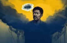 A man with a worried expression stands surrounded by dark clouds, with a thought bubble above his head, set against a yellow background, symbolizing anxiety or troubled thoughts.