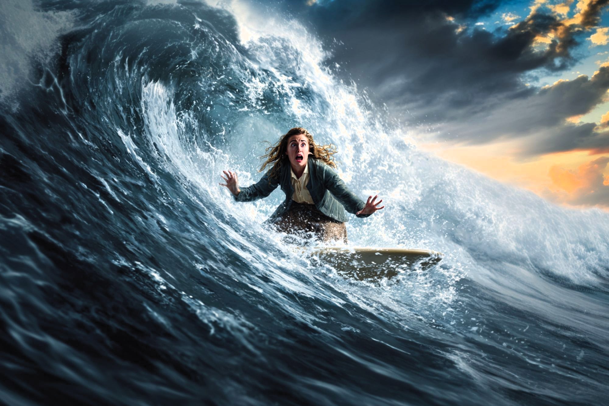 A person with long hair, wearing a jacket and pants, looks surprised while surfing a large, curling wave under a dramatic cloudy sky at sunset.