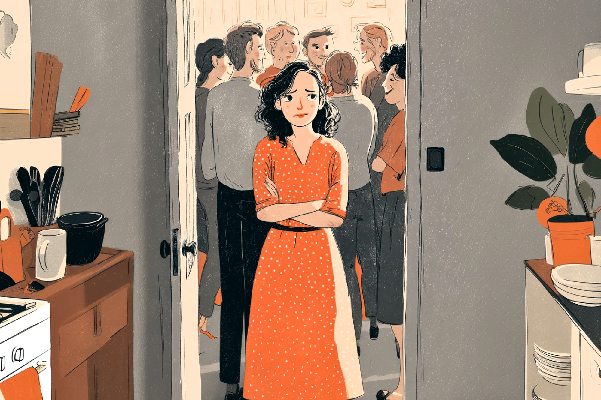 A woman in a red polka-dot dress stands in a kitchen doorway with arms crossed, looking uncertain, while a group of people socializes in the background. The kitchen is cozy with plants and dishes visible.