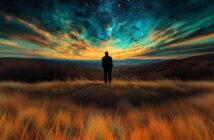 A person stands in tall golden grass on a hilltop, gazing at a vibrant, colorful sunset sky filled with swirling clouds and stars over a vast, mountainous landscape.