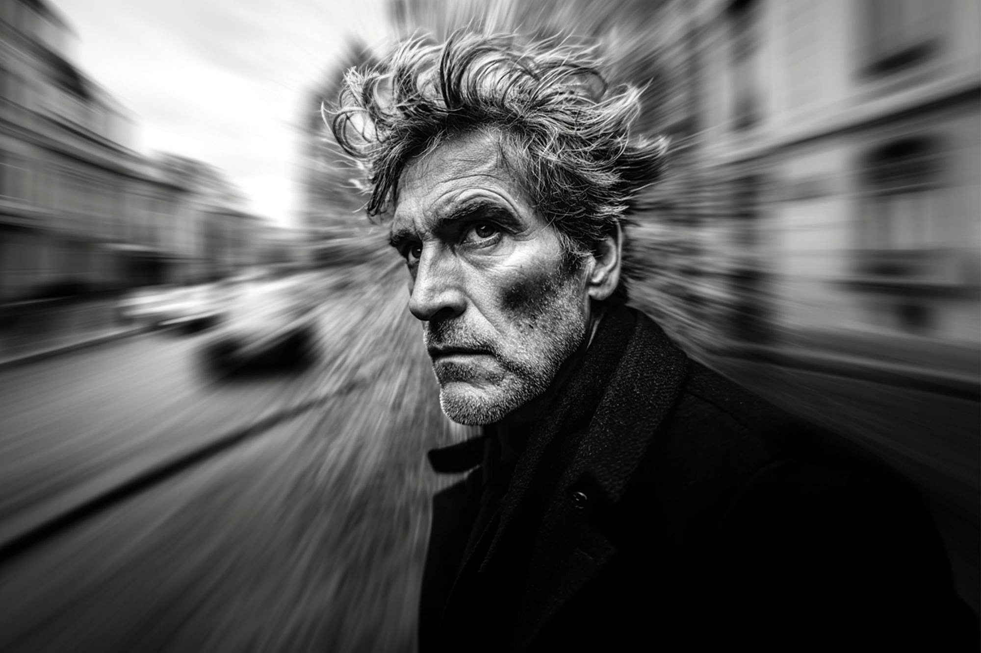 Black and white portrait of a man with wild hair and a serious expression, set against a blurred urban background.
