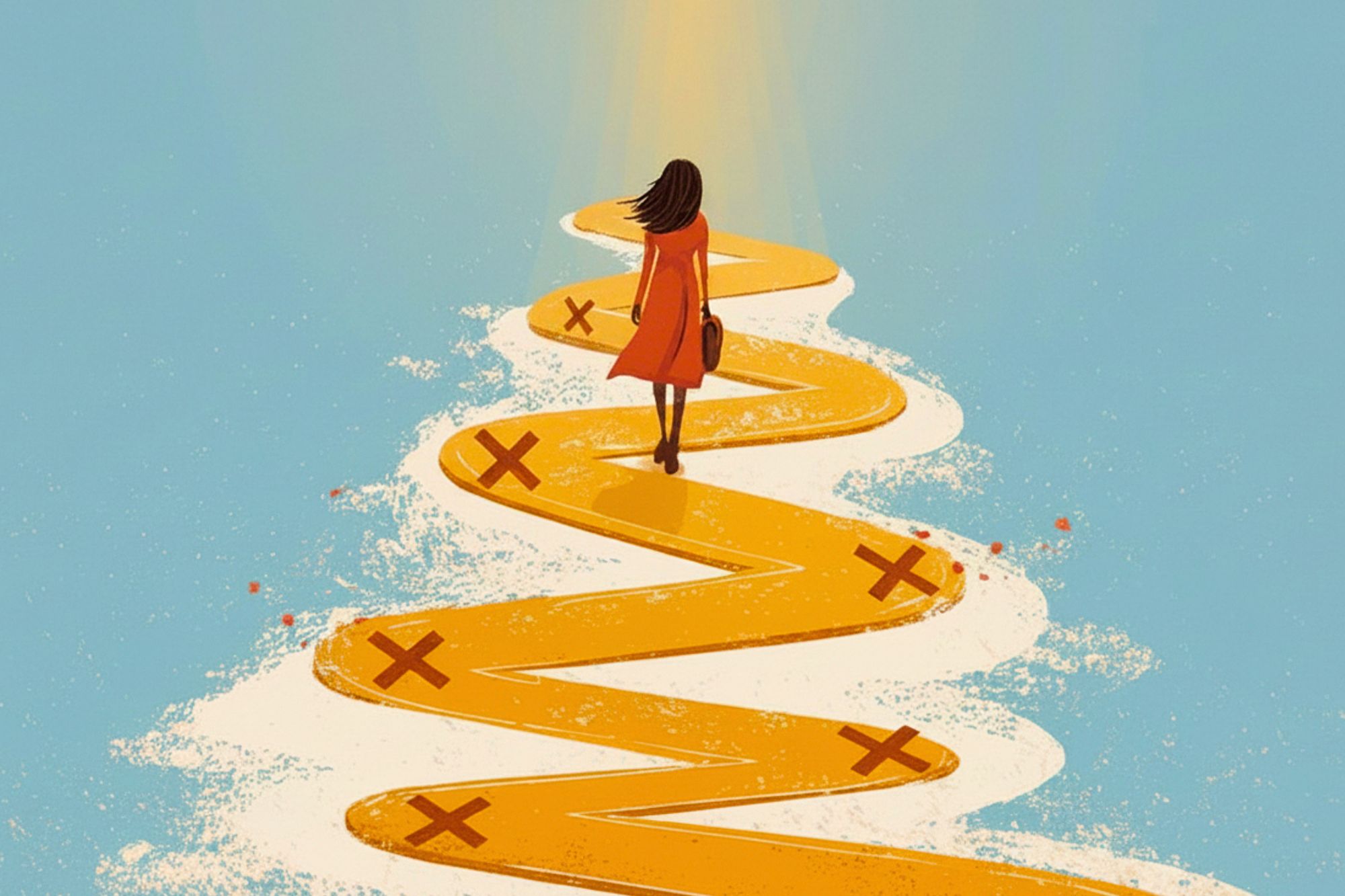 A woman in a red dress walks along a winding yellow path marked with several red X’s, heading toward a bright light on the horizon against a blue background.