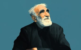 A digital illustration of an elderly man with white hair and a beard, wearing a dark shirt, looking upwards with a thoughtful expression against a plain blue background.