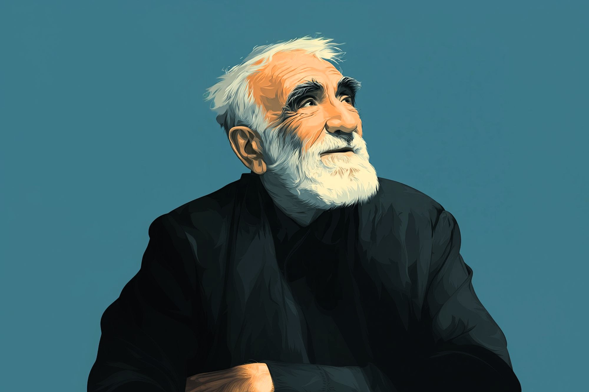 A digital illustration of an elderly man with white hair and a beard, wearing a dark shirt, looking upwards with a thoughtful expression against a plain blue background.