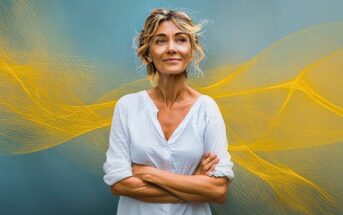 A woman with light brown hair in a loose white shirt stands with arms crossed, looking thoughtfully to the side. The background is blue with swirling yellow abstract lines.