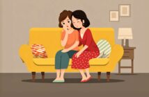 Two women sit on a yellow couch in a living room. One woman comforts the other, who looks sad and worried. There are colorful pillows, a side table with a lamp, and framed pictures on the wall.