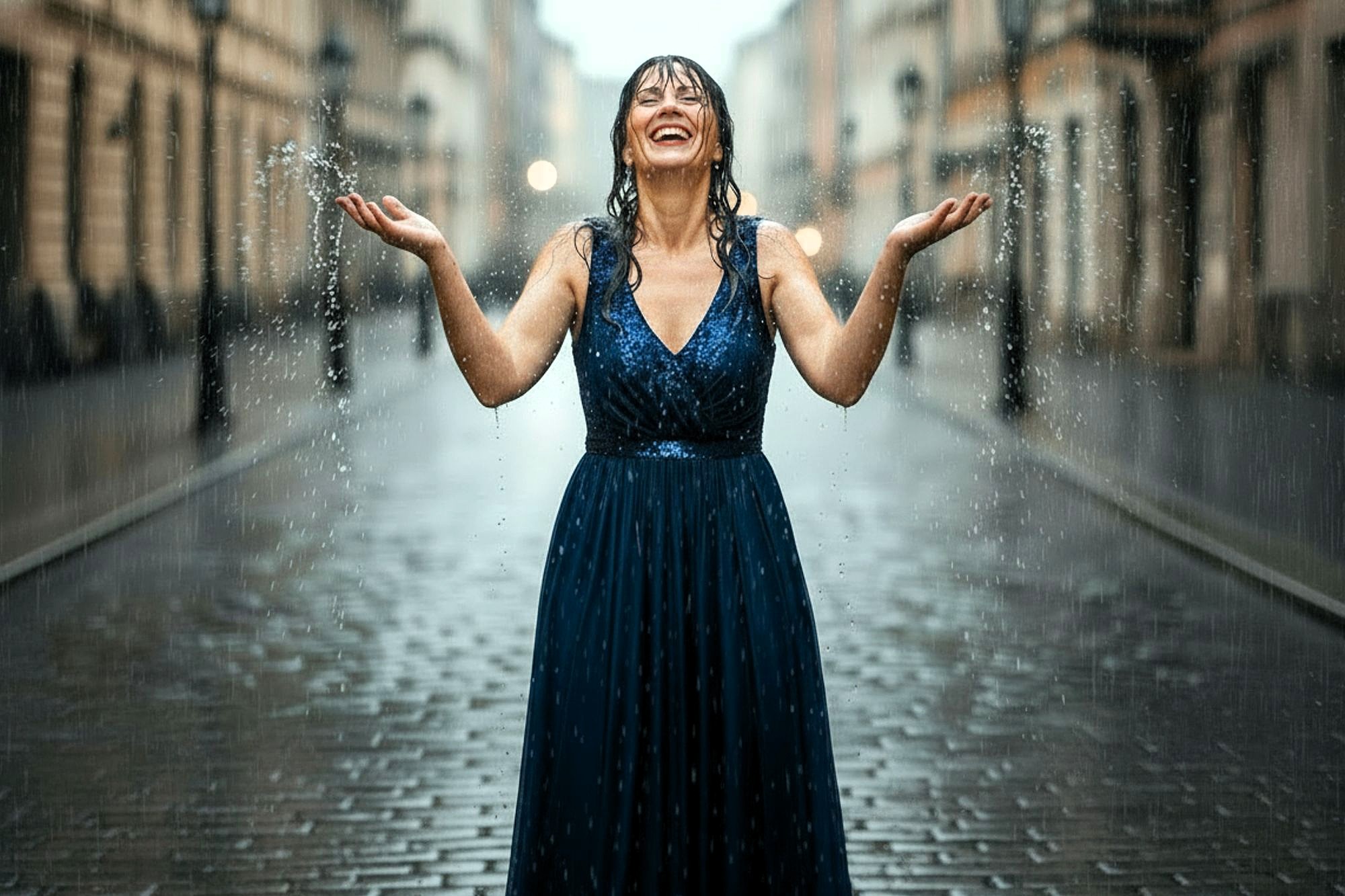 A woman in a sleeveless blue dress stands on a cobblestone street, smiling joyfully with arms raised, as rain pours down around her.