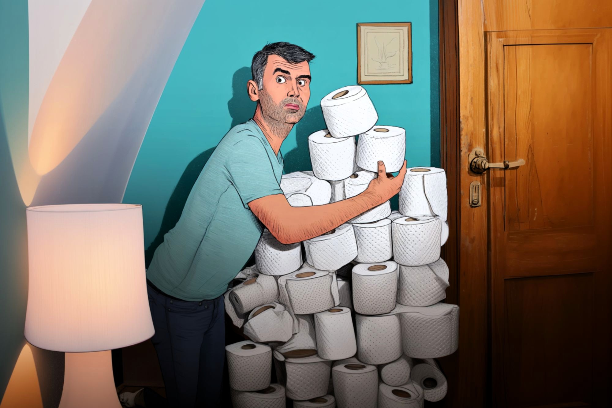 A man in a blue shirt stands surprised next to a tall stack of toilet paper rolls by a wooden door, holding several rolls in his arms. The scene is indoors with teal walls and a white lamp nearby.
