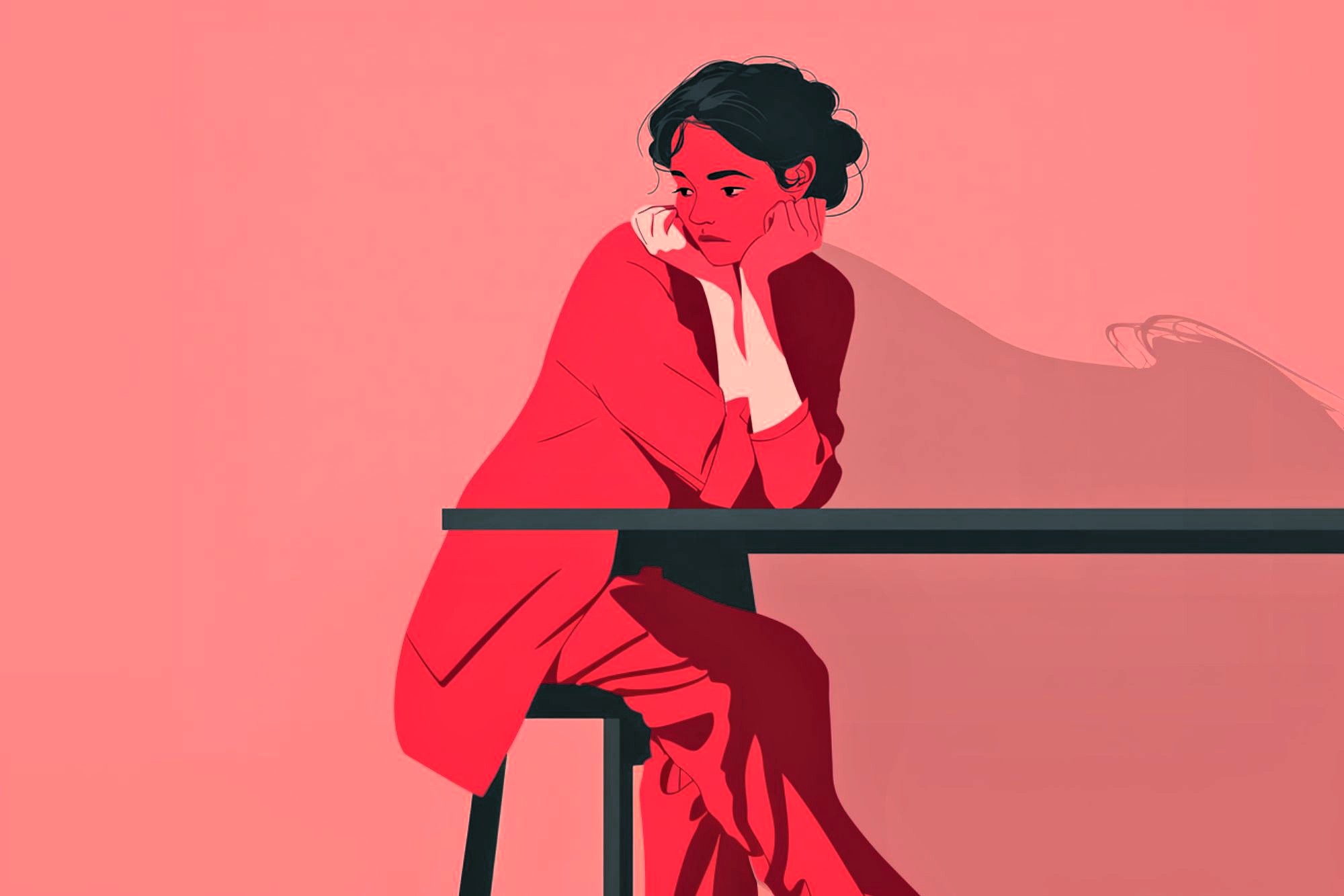 Illustration of a woman with dark hair sitting at a table, resting her chin on her hand and gazing to the side. The image uses shades of red and pink, creating a minimalistic and contemplative mood.