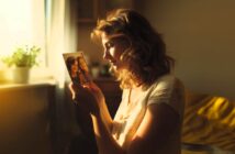 A woman smiles softly as she looks at a photograph of two young girls, bathed in warm, golden light.