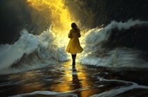 A person in a yellow coat stands on wet ground facing crashing waves and a dramatic burst of golden light in a dark, stormy setting, with rain falling and reflections on the water.