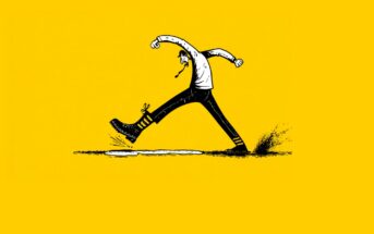 Cartoon person with a braid and striped socks enthusiastically leaping over a small puddle, set against a bright yellow background.