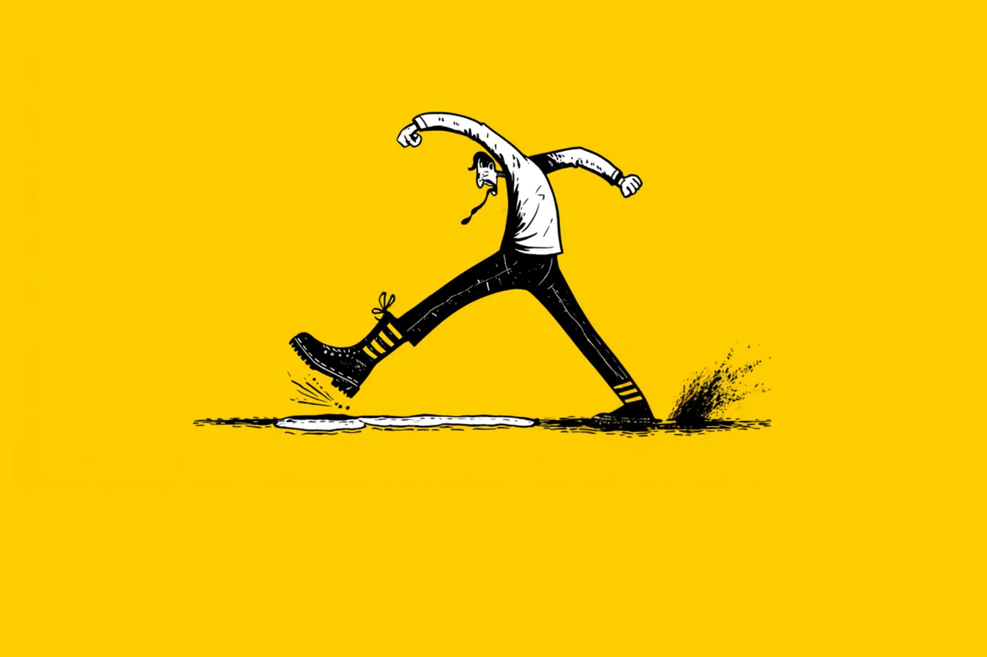 Cartoon person with a braid and striped socks enthusiastically leaping over a small puddle, set against a bright yellow background.