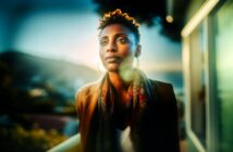 A woman with short curly hair and hoop earrings stands outside, gazing thoughtfully into the distance. She wears a scarf and a jacket, with soft sunlight illuminating her face and a blurred natural background.