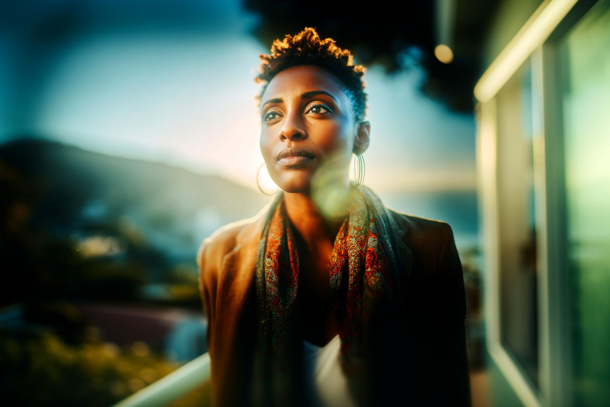 A woman with short curly hair and hoop earrings stands outside, gazing thoughtfully into the distance. She wears a scarf and a jacket, with soft sunlight illuminating her face and a blurred natural background.