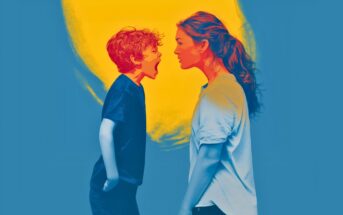 A stylized image of a boy yelling at a woman, possibly his mother, who faces him calmly. The background features a bright yellow circle against a blue backdrop, highlighting the figures' emotional tension.